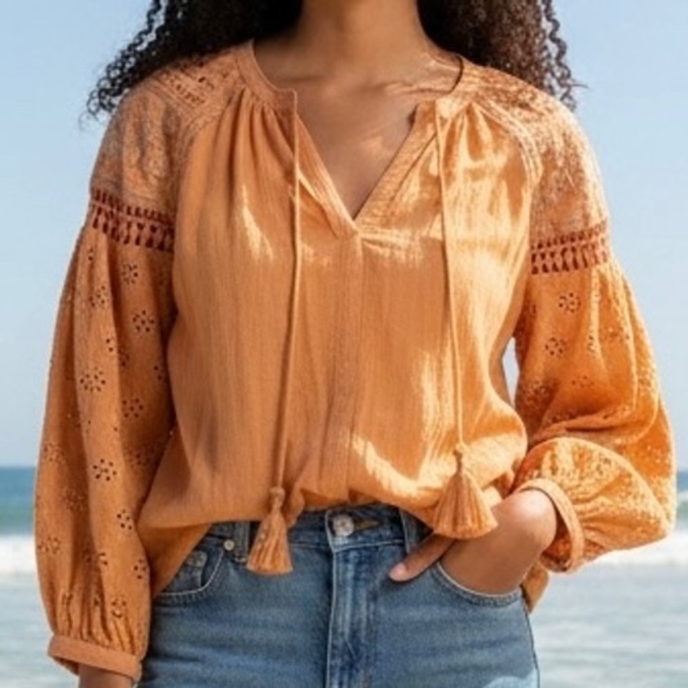 Artelier Nicole Miller Womens S Orange Embroidered Eyelet Peasant Blouse Boho
